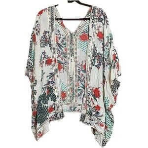 Anthropologie EN CREME Top Kimono Crochet Floral Cover Up Boho Women L Cream Red